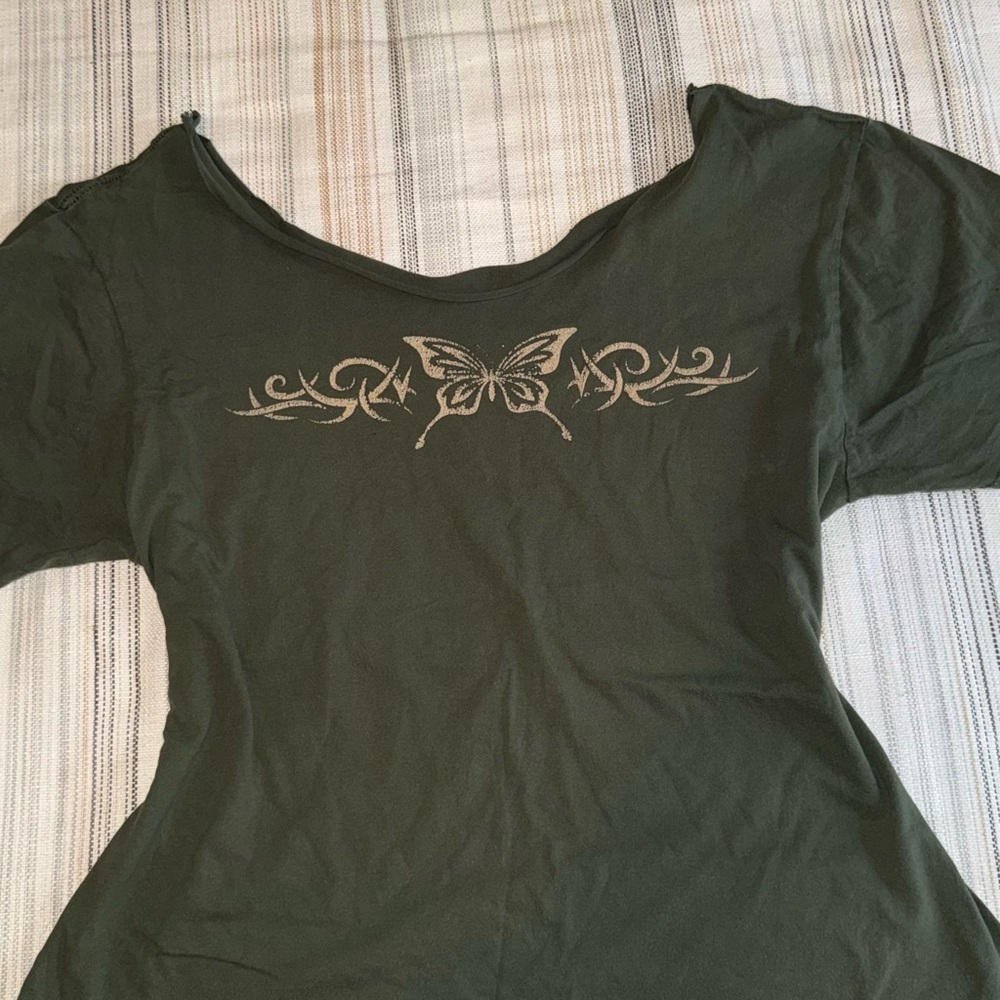 Off the shoulder Butterfly Print Olive Green Women's Top